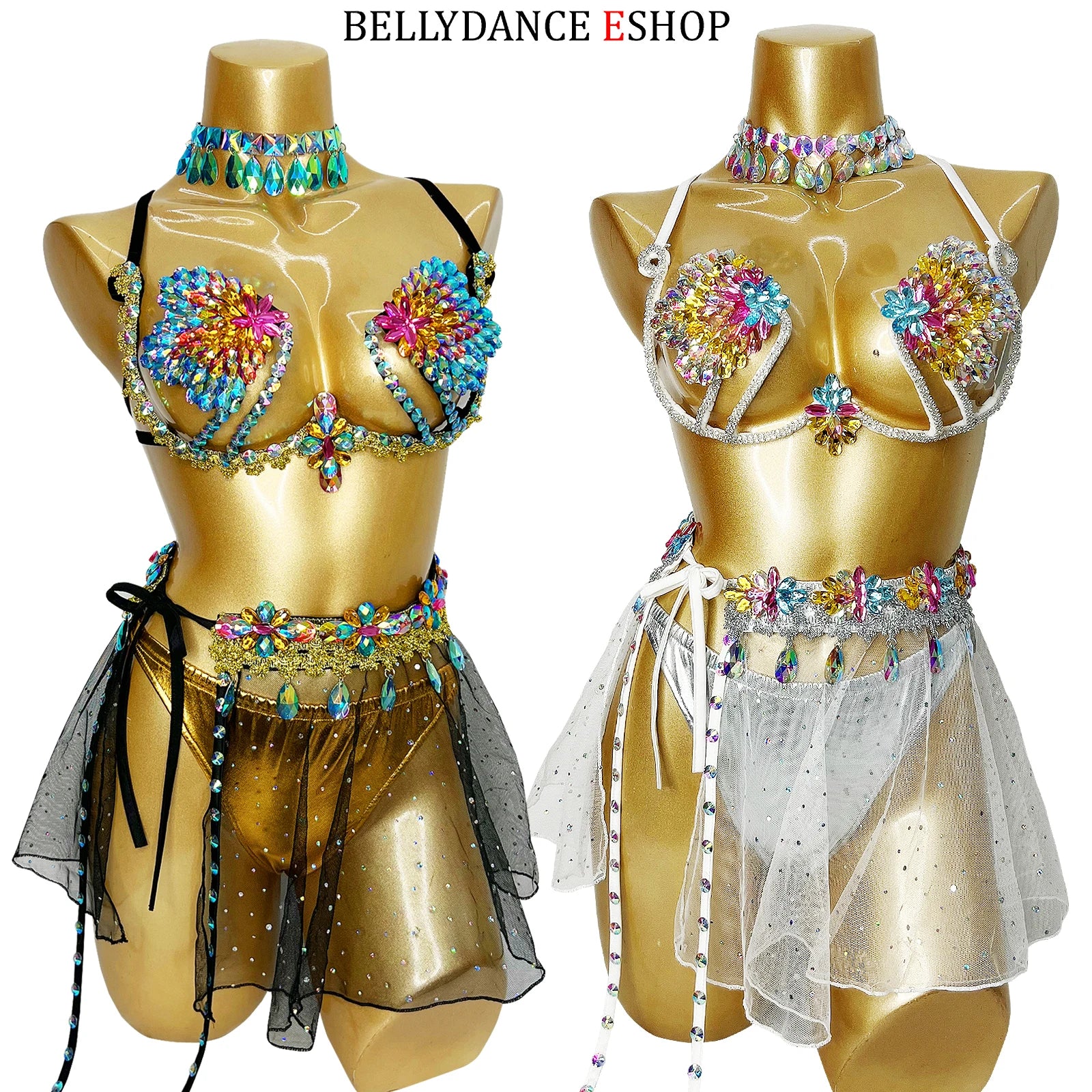 Belly Dance Women's Black and White Sequin Mesh Skirt and Rhinestone Bra Set, Carnival Festival Costume