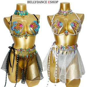 Belly Dance Women's Black and White Sequin Mesh Skirt and Rhinestone Bra Set, Carnival Festival Costume
