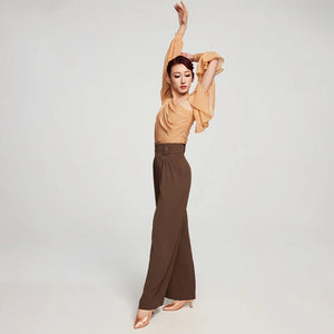 Women's Brown & Peach One-Shoulder Ruffle Sleeve Ballroom Dance Top & Pleated Wide-Leg Pants Set