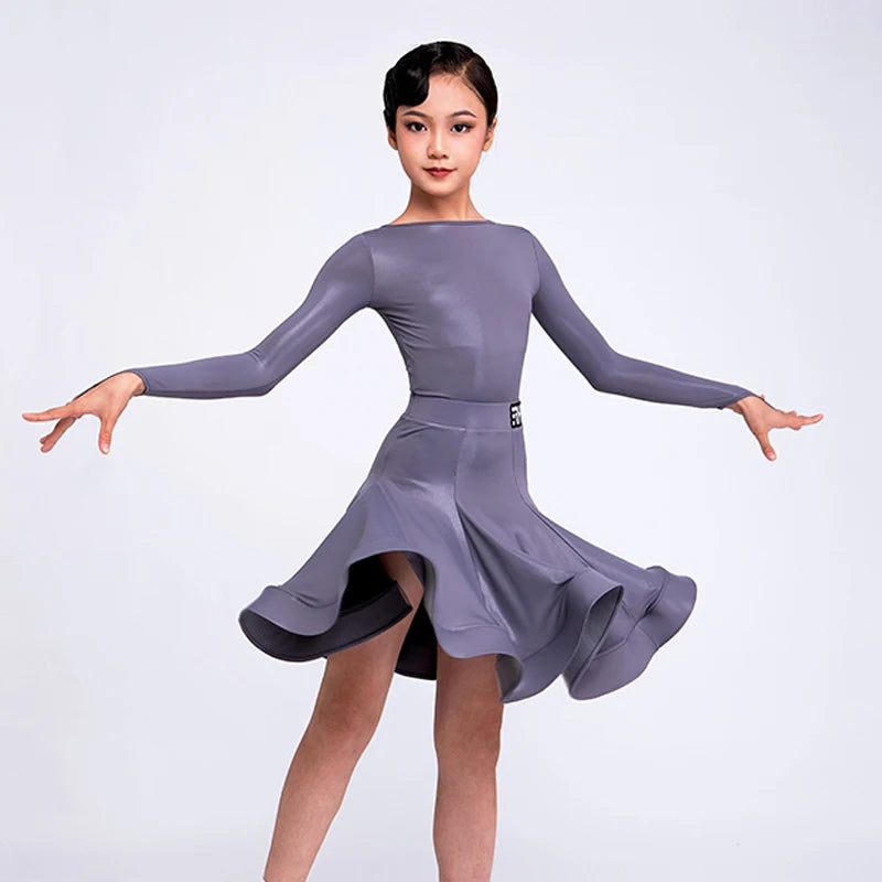 Girls' Latin Dance Dress, Long Sleeve, High Neck, Ruffled Skirt, Performance Leotard