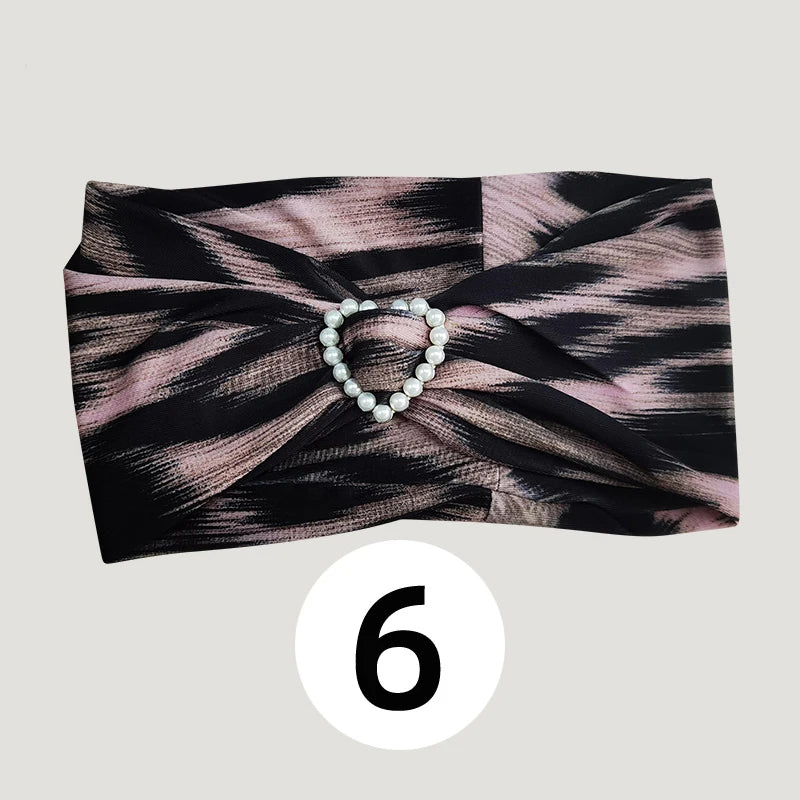 Girls' Embellished Headband for Dance, Various Colors & Animal Prints, Stretch Fabric, Heart Pearl Accent