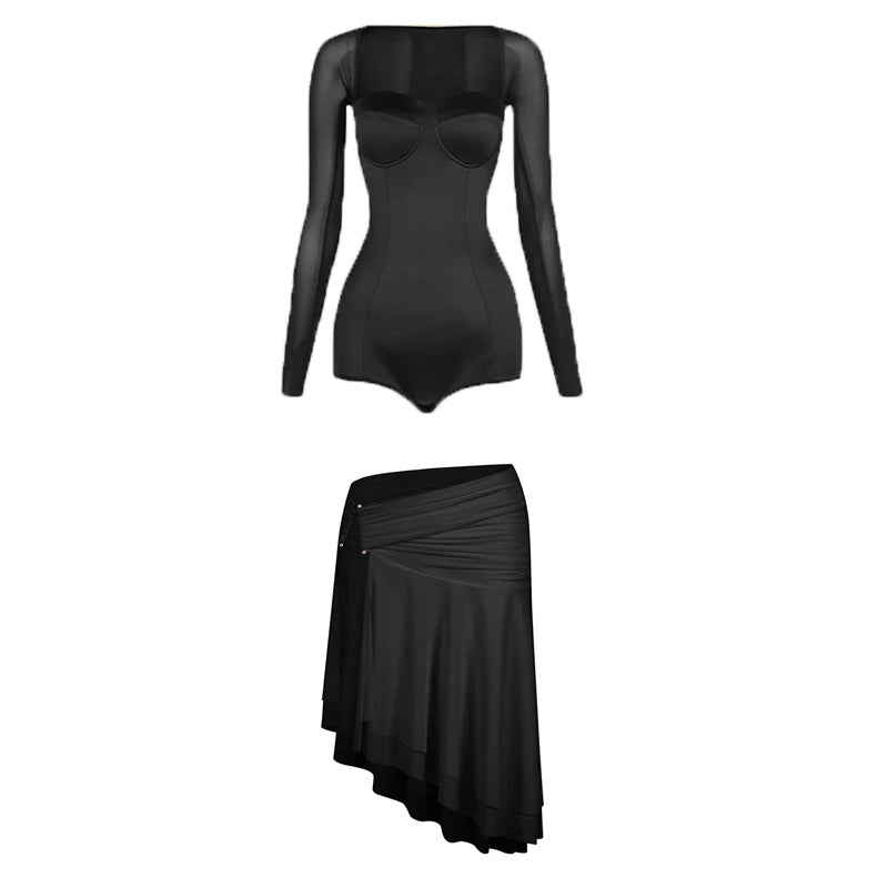Women's White Long Sleeve Mesh Bodysuit & Asymmetrical Skirt Latin Dance Dress