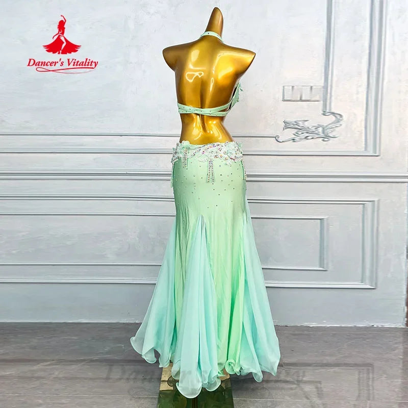 Women's Belly Dance 2-Piece Costume Set With AB Rhinestone Bra and Fishtail Skirt For Performance