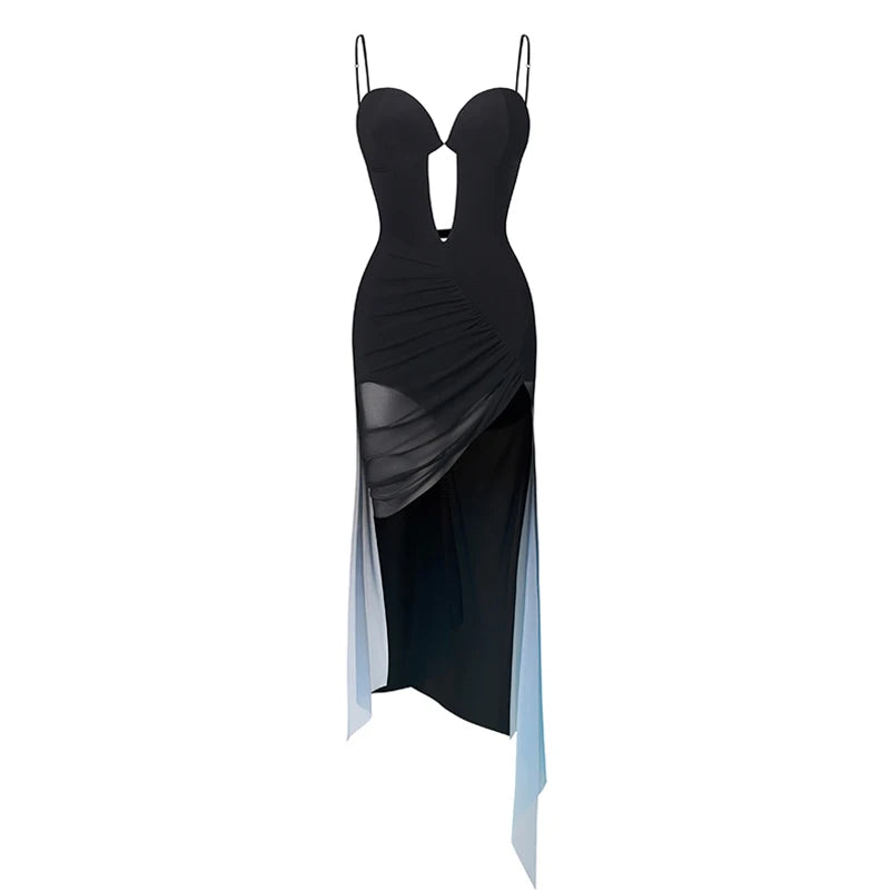 Women's Black Ombre Mesh Ruched Slit Spaghetti Strap Bodycon Latin Dance Dress
