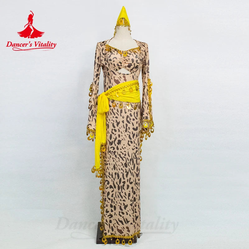 Belly Dance Costume Women's Leopard Print Gold Coin Long Dress with Bell Sleeves and Hip Scarf