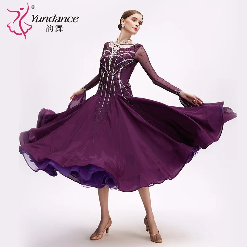 Women's Long Standard Ballroom Dance Dress With Rhinestones Satin Chiffon Purple For Performance