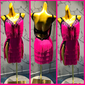 Latin Dance Dress Women's Hot Pink Fringe Sequin Backless Salsa Rumba Cha Cha Costume