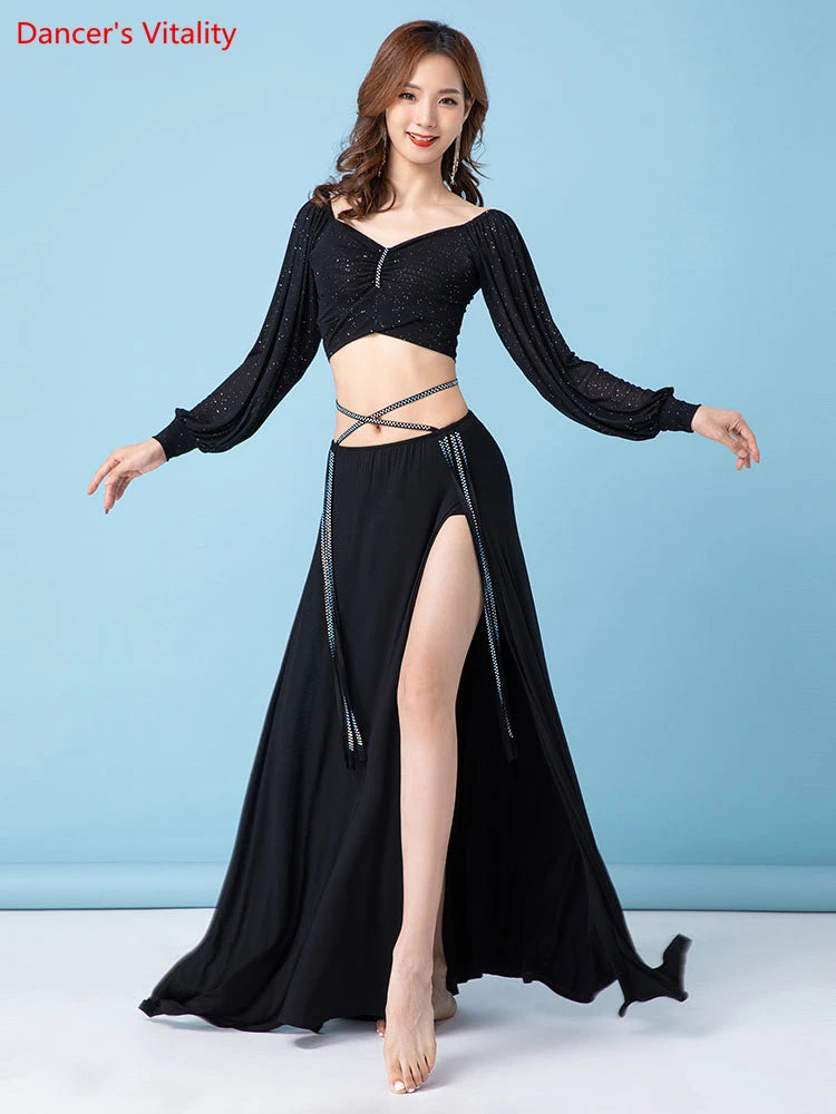 Women's Black Sparkle Long Sleeve Crop Top & High Slit Skirt Belly Dance Costume