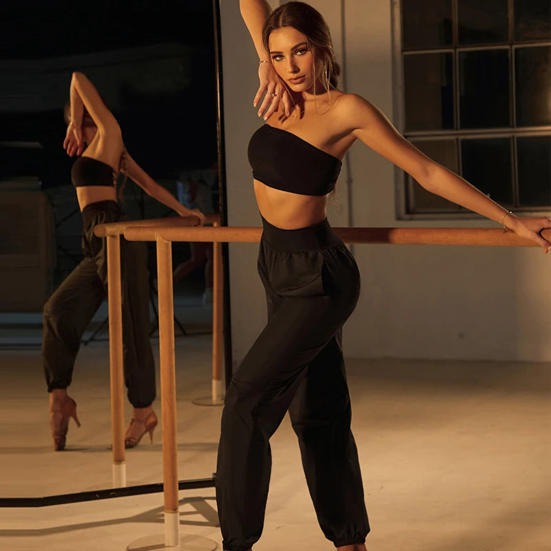 Women's Black Shiny High-Waist Loose Fit Jogger Dance Pants for Hip Hop