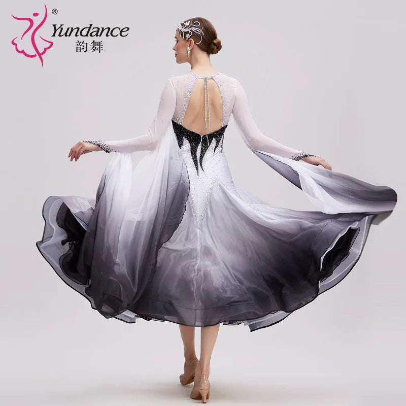 Ballroom Dance Dress International Standard Silk Black White Ombre Pearl-Embellished For Women's Competition