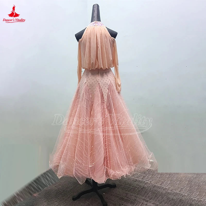 Women's Standard Ballroom Waltz Dance Dress With Long-Sleeve Lace Full Swing Skirt For Performance And Competition