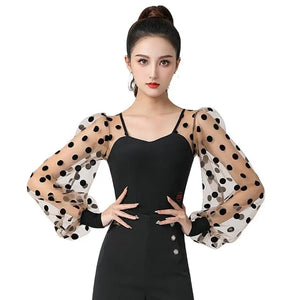 Women's Black Polka Dot Mesh Sleeve Latin Dance Top