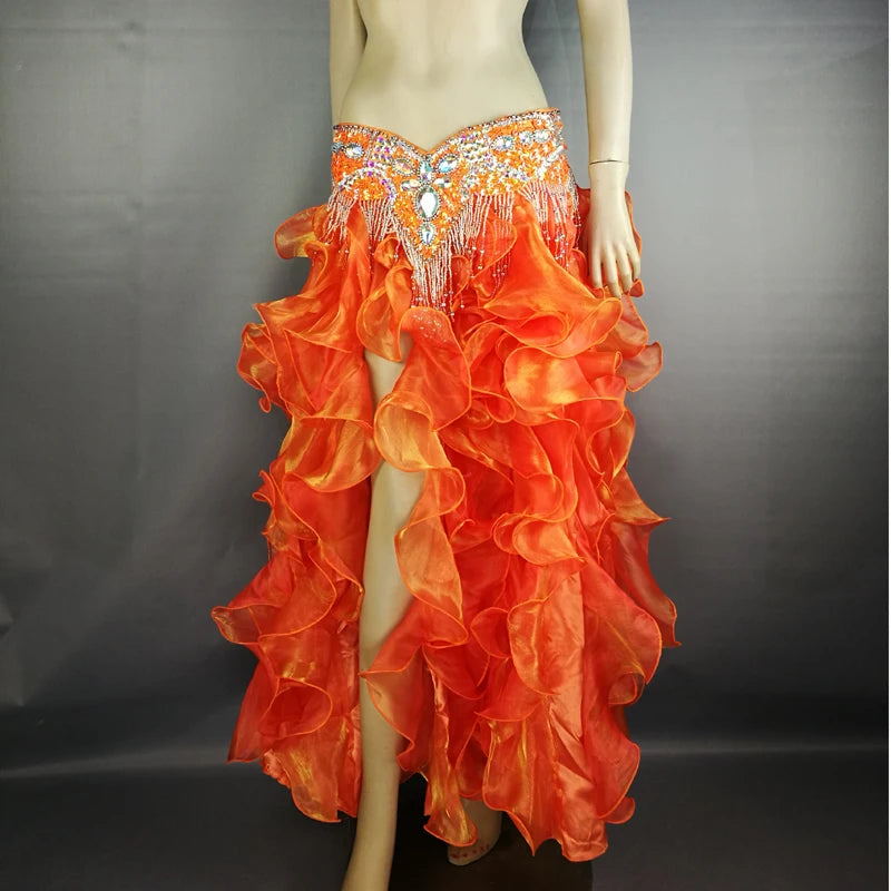 Belly Dance Skirt Women Orange Beaded Sequin Hip Scarf Ruffled Organza Slit Skirt Tribal Fusion Costume