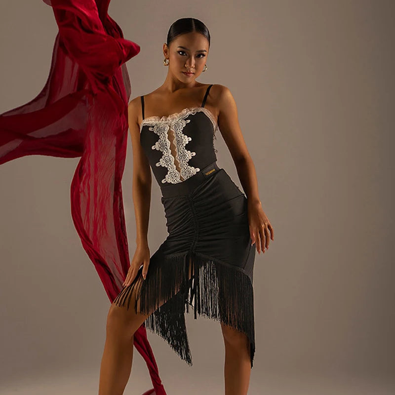 Women's Black Ruched Fringe Asymmetrical Latin Dance Skirt