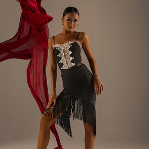 Women's Black Ruched Fringe Asymmetrical Latin Dance Skirt
