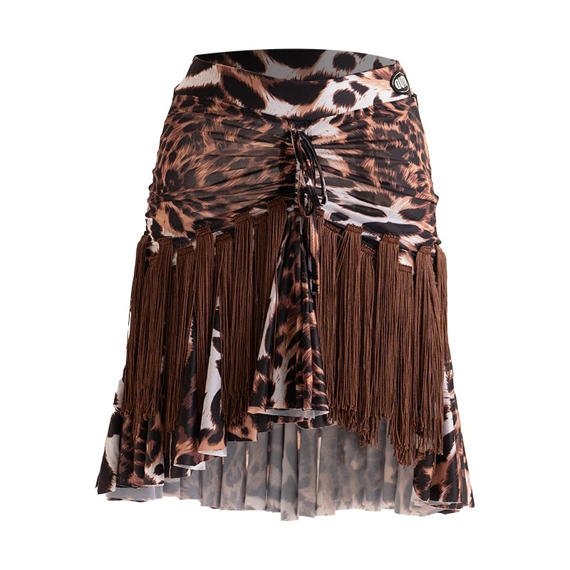 Women's Leopard Print Mesh Long Sleeve Bodysuit with Fringe Skirt Latin Dancewear