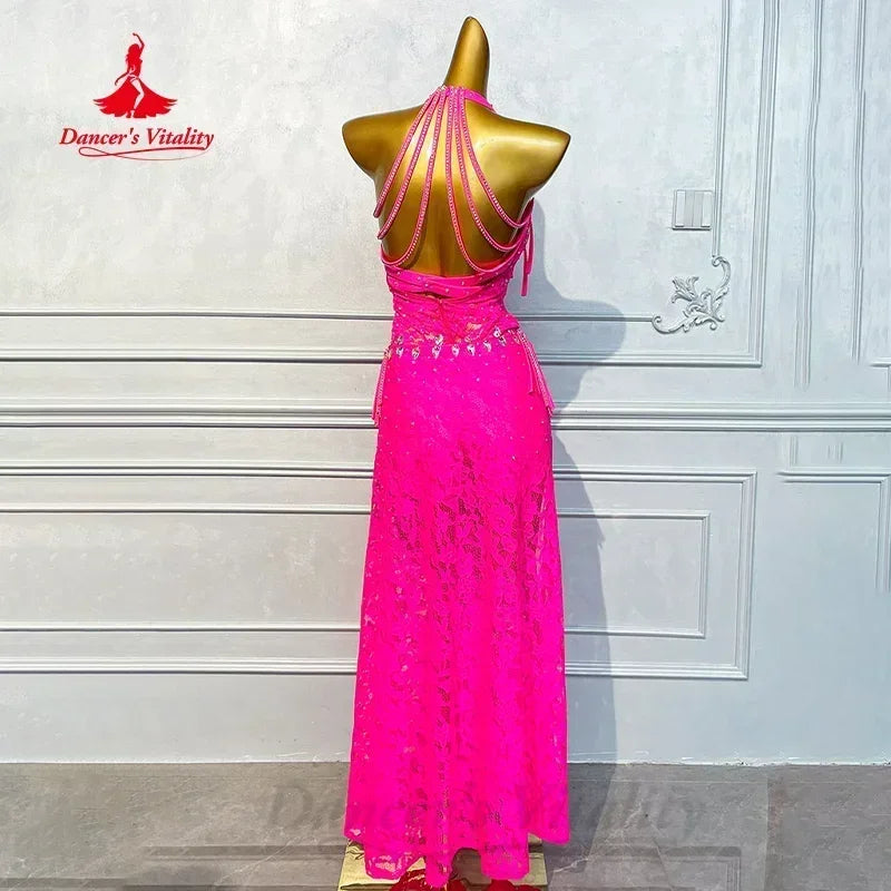 Women's Hot Pink Lace Halter Neck Rumba Latin Dance Dress with Slit & Fringe Detail