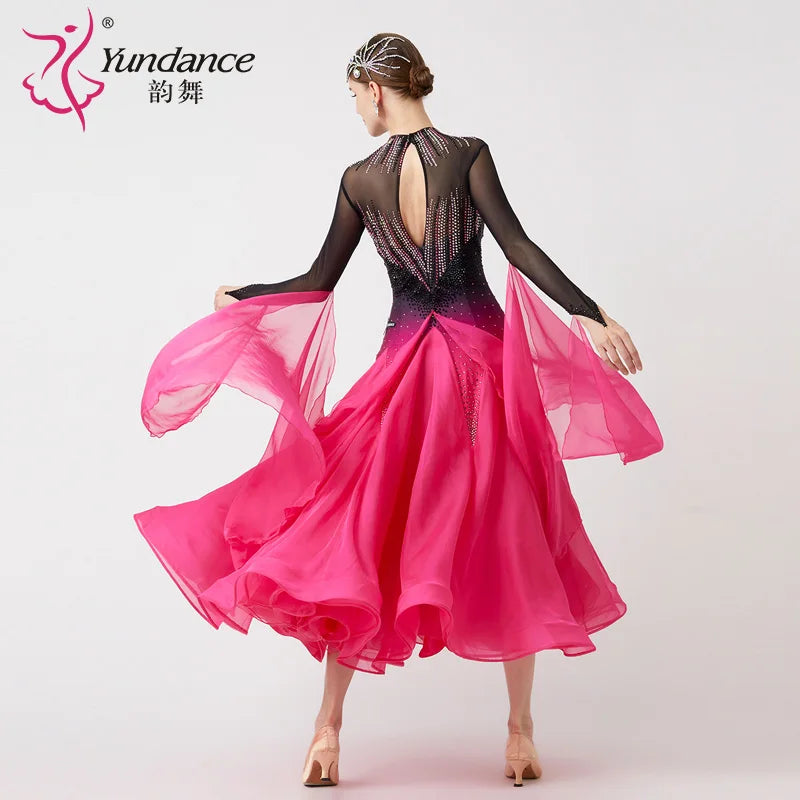 Women's International Standard Ballroom Dance Dress Long Peach Chiffon For Competition
