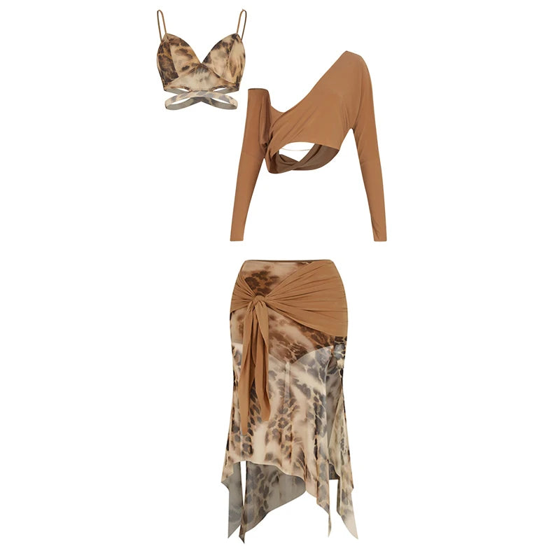 Dance Top and Skirt Set Women's Black and Multi-color Abstract Print Mesh Asymmetrical Hem Latin Dancewear