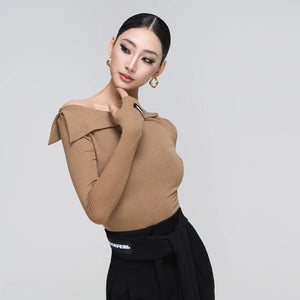 Women's Off-Shoulder Long Sleeve Dance Top, White, Black, or Tan, with High-Waisted Wide Leg Trousers, Brown, Grey, or Black, for Latin Ballroom Dance