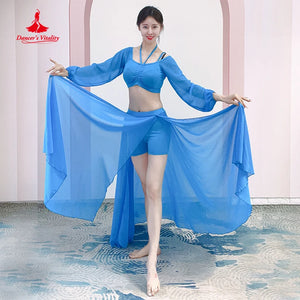 Belly Dance Costume Women's Adult Blue Chiffon Long Sleeve Halter Top & Skirt Set, Red Chiffon Long Sleeve Halter Top & High-Slit Skirt Set