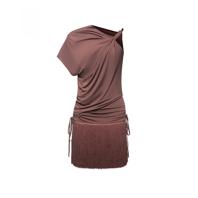 Women's Blue One-Shoulder Ruched Fringe Latin Dance Dress