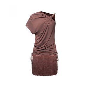 Women's Blue One-Shoulder Ruched Fringe Latin Dance Dress