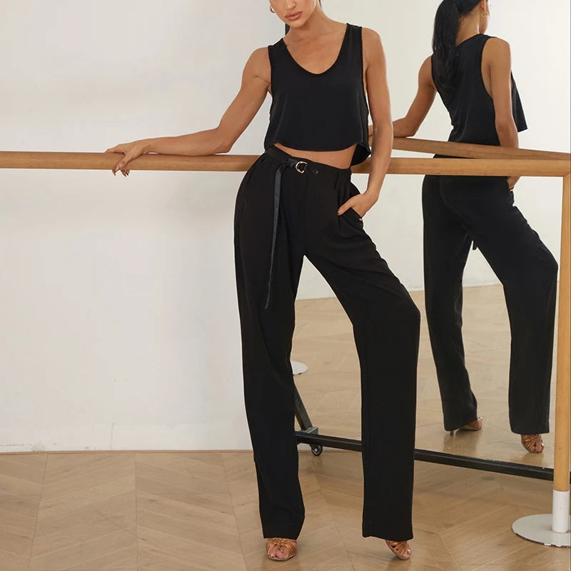 Dance Pants Men's & Women's Black High-Waist Wide-Leg Loose Fit Ballroom Latin Dance Trousers