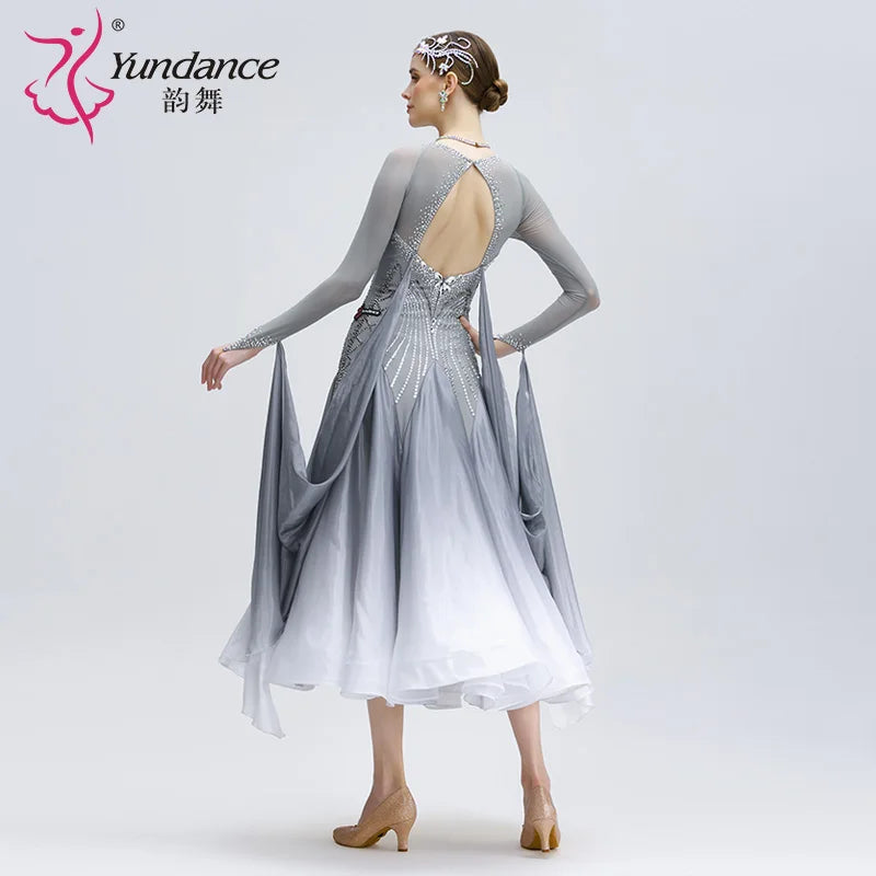 Women's International Standard Ballroom Dance Dress In Ombre Silk With Pearl Embellishments For Competition