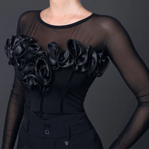 Women's Black Mesh Long Sleeve Bodysuit with Floral Ruffles & Back Buttons, Ballroom Dance