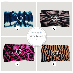Girls' Embellished Headband for Dance, Various Colors & Animal Prints, Stretch Fabric, Heart Pearl Accent