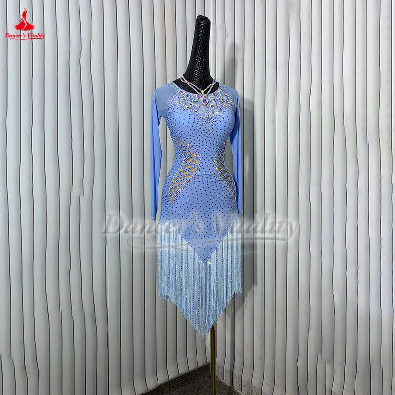 Latin Ballroom Dance Dress With AB Rhinestones, Long Sleeves And Tassels For Adults And Kids Performance