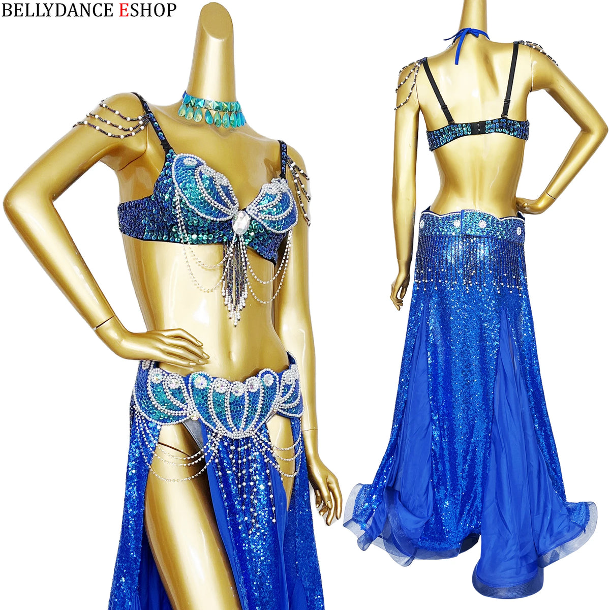 Belly Dance Costume Women Blue Sequin Chiffon Bra Belt Skirt Set with Shoulder Chains and Rhinestone Choker for Belly Dancing