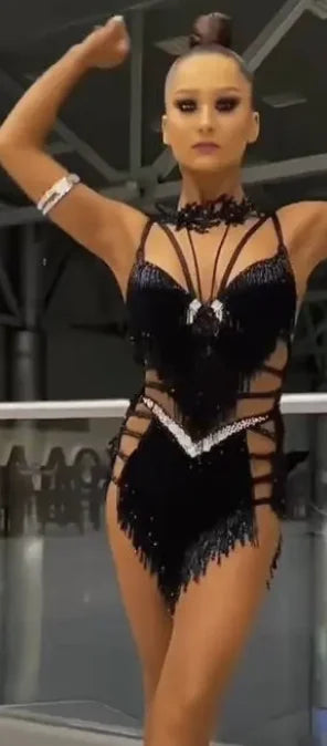 Latin Dance Dress Women's Black Sequin Fringe Cutout Rhinestone Bodysuit