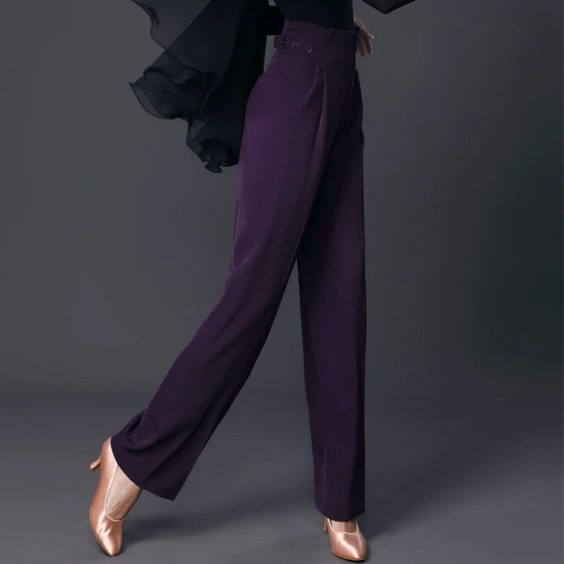 Women's White/Lavender/Black Off-Shoulder/Square Neck/Asymmetrical Ruffle Top with Pink/Lavender/Purple High-Waisted Wide-Leg Pants for Ballroom Dance