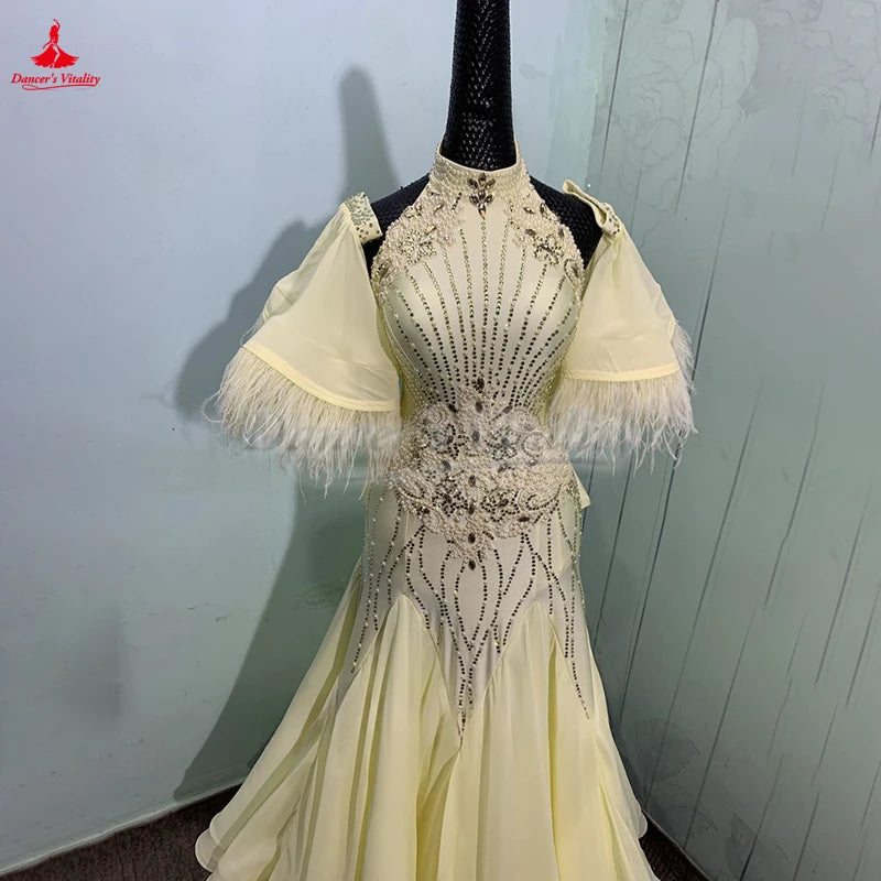 Women's Standard Ballroom Dance Dress With Full Swing Skirt Light Yellow For Competition