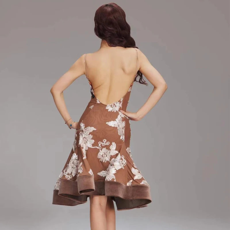 Women's Beige Black Floral Lace Latin Dance Dress - Spaghetti Strap, Asymmetrical Hem