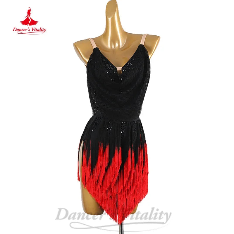 Women's Black & Red Sequin Fringe Latin Dance Dress