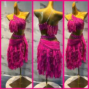 Women's Fuchsia Sequin Fringe One-Shoulder Latin Dance Dress with Ruffled Skirt