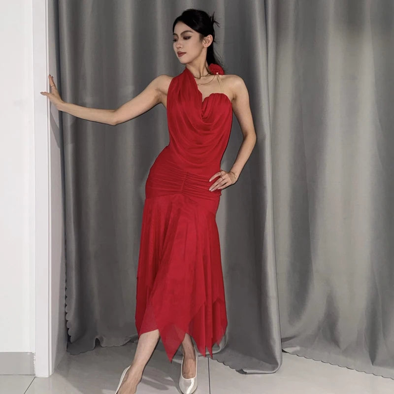 Women's White Halter Neck Ruffled Mesh Hem Latin Dance Dress