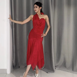 Women's White Halter Neck Ruffled Mesh Hem Latin Dance Dress