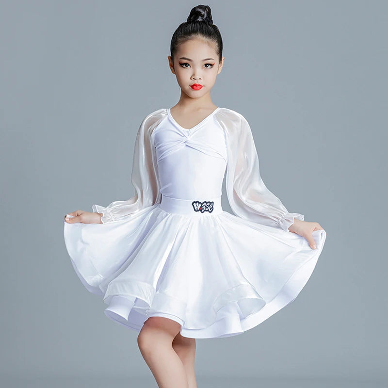 Kids Girls White Mesh Long Sleeve Ruffled Latin Ballroom Dance Dress with Layered Skirt