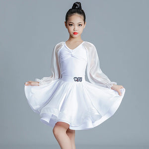 Kids Girls White Mesh Long Sleeve Ruffled Latin Ballroom Dance Dress with Layered Skirt