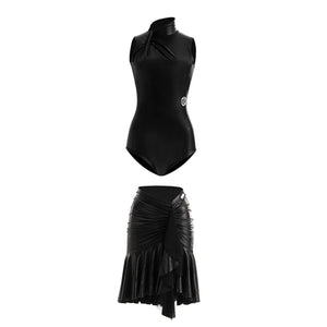 Women's Black & Leopard Print Sleeveless Mock Neck Bodysuit & Ruffled Skirt Latin Dancewear