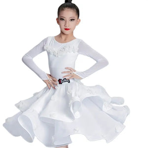 Girls White Ruffle Long Sleeve Latin Dance Dress with Floral Appliques