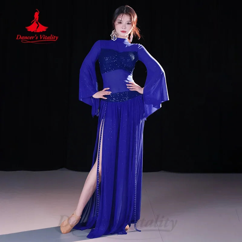 Belly Dance Costume Women's Black Sequin Mesh Long Sleeve Top & Slit Skirt Set for Performance