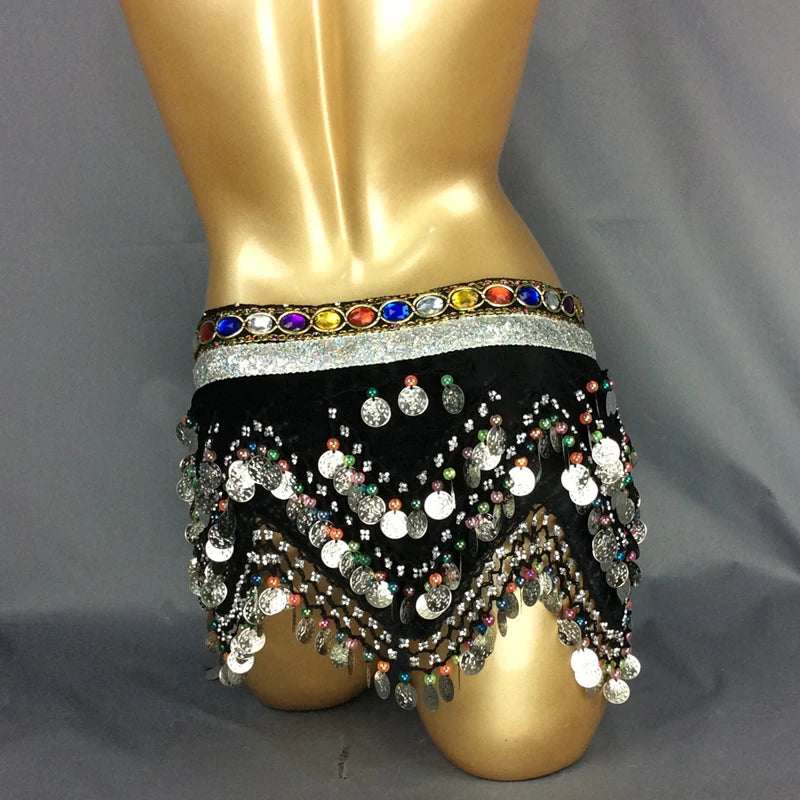 Belly Dance Hip Scarf, Women's Blue Gold Coin & Jewel Embellished Chiffon Waist Wrap, Tribal Fusion Bellydance