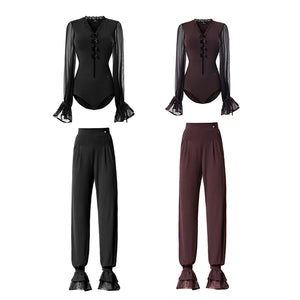 Women's Black and Brown Sheer Sleeve Ruffled Jumpsuit with Velvet Buttons for Latin Dance