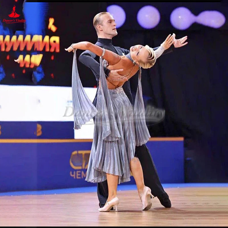 Women's Silver Sequin & Rhinestone Embellished Asymmetrical Latin Ballroom Dance Dress with Pleated Skirt and Draped Sleeves