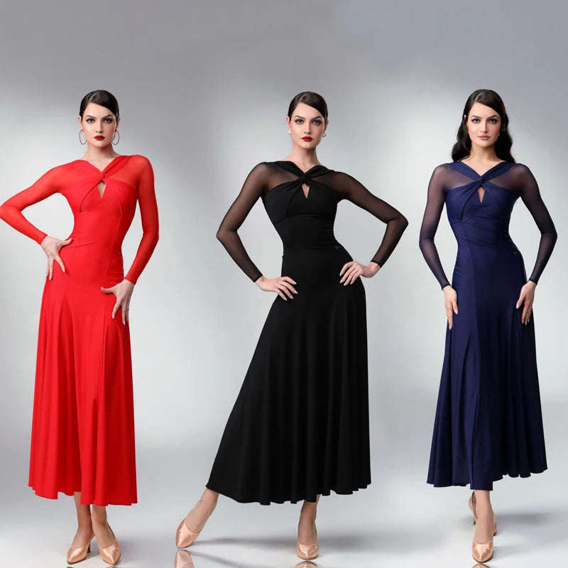 Women's Red Mesh Long Sleeve Ballroom Dance Dress, Women's Black Mesh Long Sleeve Ballroom Dance Dress, Women's Navy Blue Mesh Long Sleeve Ballroom Dance Dress